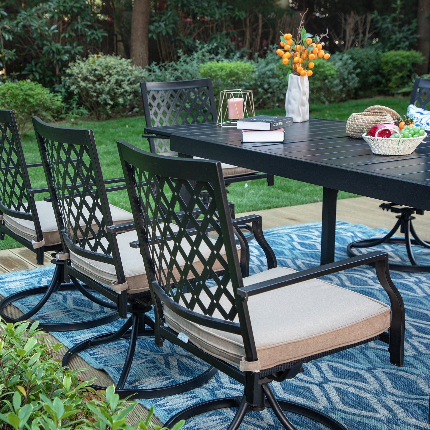 MAISON ARTS Set da pranzo per patio esterno per 6/8 persone, 6/8 sedie girevoli in rete metallica, 1 tavolo rettangolare espandibile