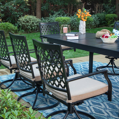 MAISON ARTS Set da pranzo per patio esterno per 6/8 persone, 6/8 sedie girevoli in rete metallica, 1 tavolo rettangolare espandibile