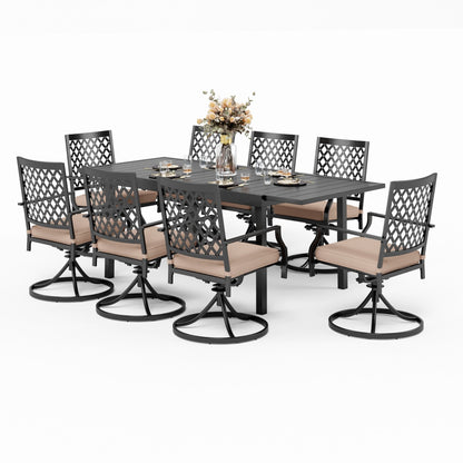 MAISON ARTS Set da pranzo per patio esterno per 6/8 persone, 6/8 sedie girevoli in rete metallica, 1 tavolo rettangolare espandibile