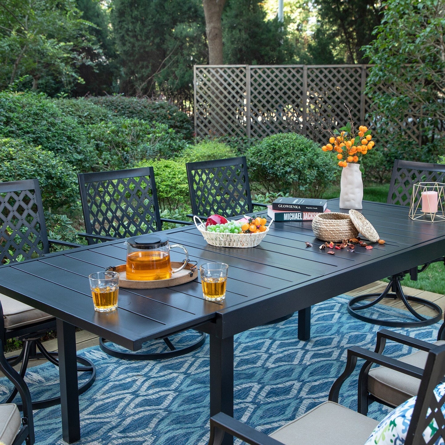 MAISON ARTS Set da pranzo per patio esterno per 6/8 persone, 6/8 sedie girevoli in rete metallica, 1 tavolo rettangolare espandibile