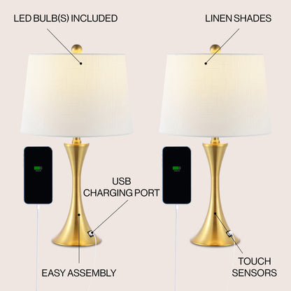 Lampada da tavolo a LED Makena 22.75 Modern Glam Iron Hourglass con porta di ricarica USB, (set da 2) di JONATHAN Y