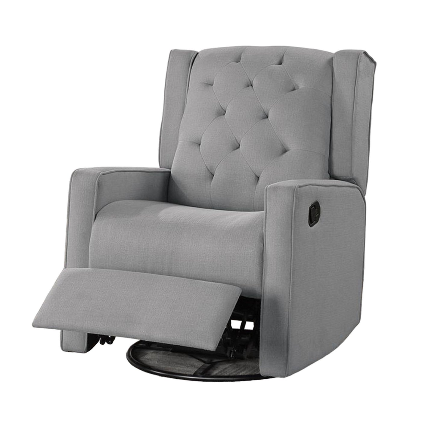 Manie Swivel Glider poltrona reclinabile manuale, legno massello, tela di iuta grigia classica