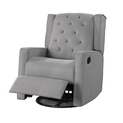 Manie Swivel Glider poltrona reclinabile manuale, legno massello, tela di iuta grigia classica
