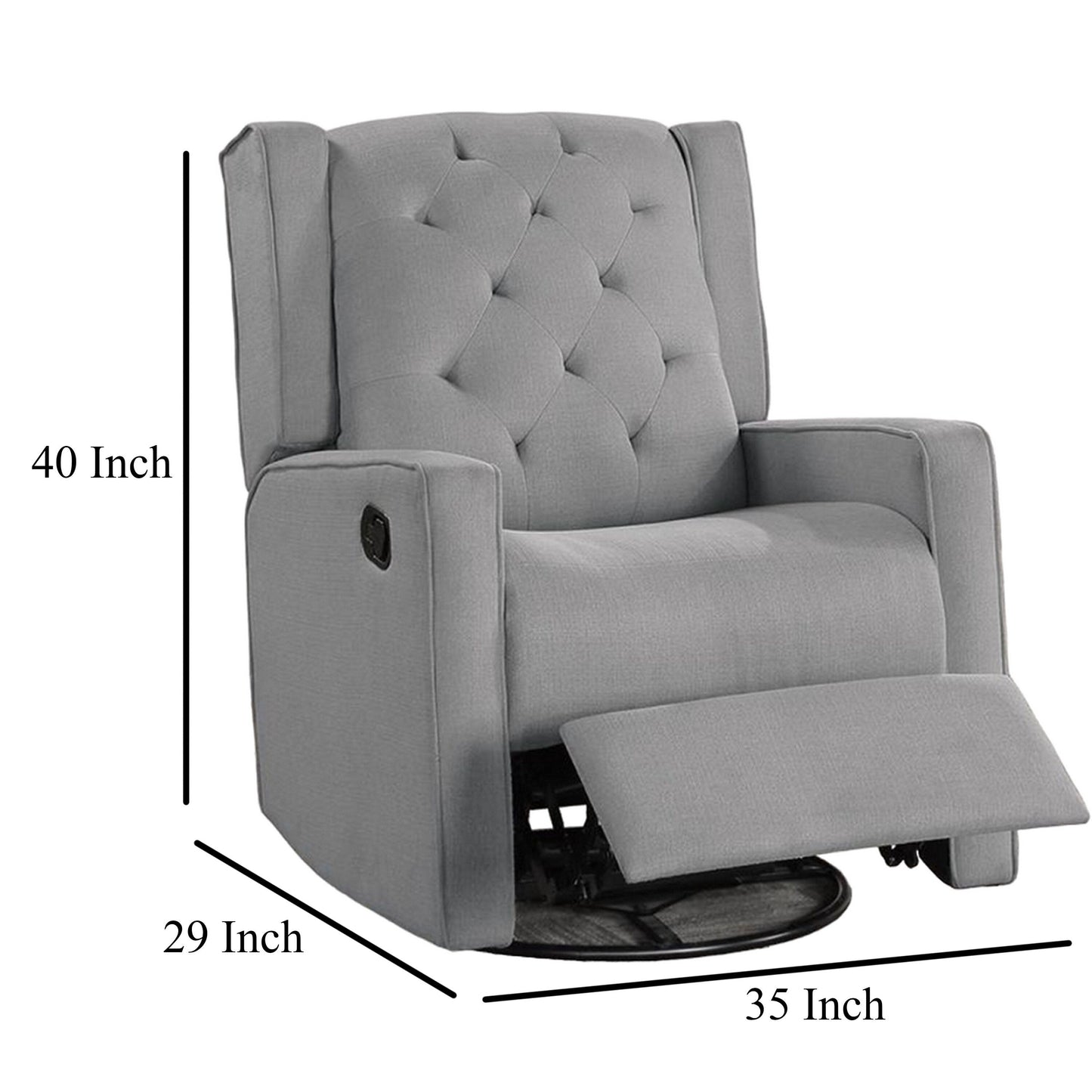 Manie Swivel Glider poltrona reclinabile manuale, legno massello, tela di iuta grigia classica