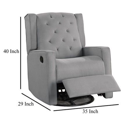 Manie Swivel Glider poltrona reclinabile manuale, legno massello, tela di iuta grigia classica