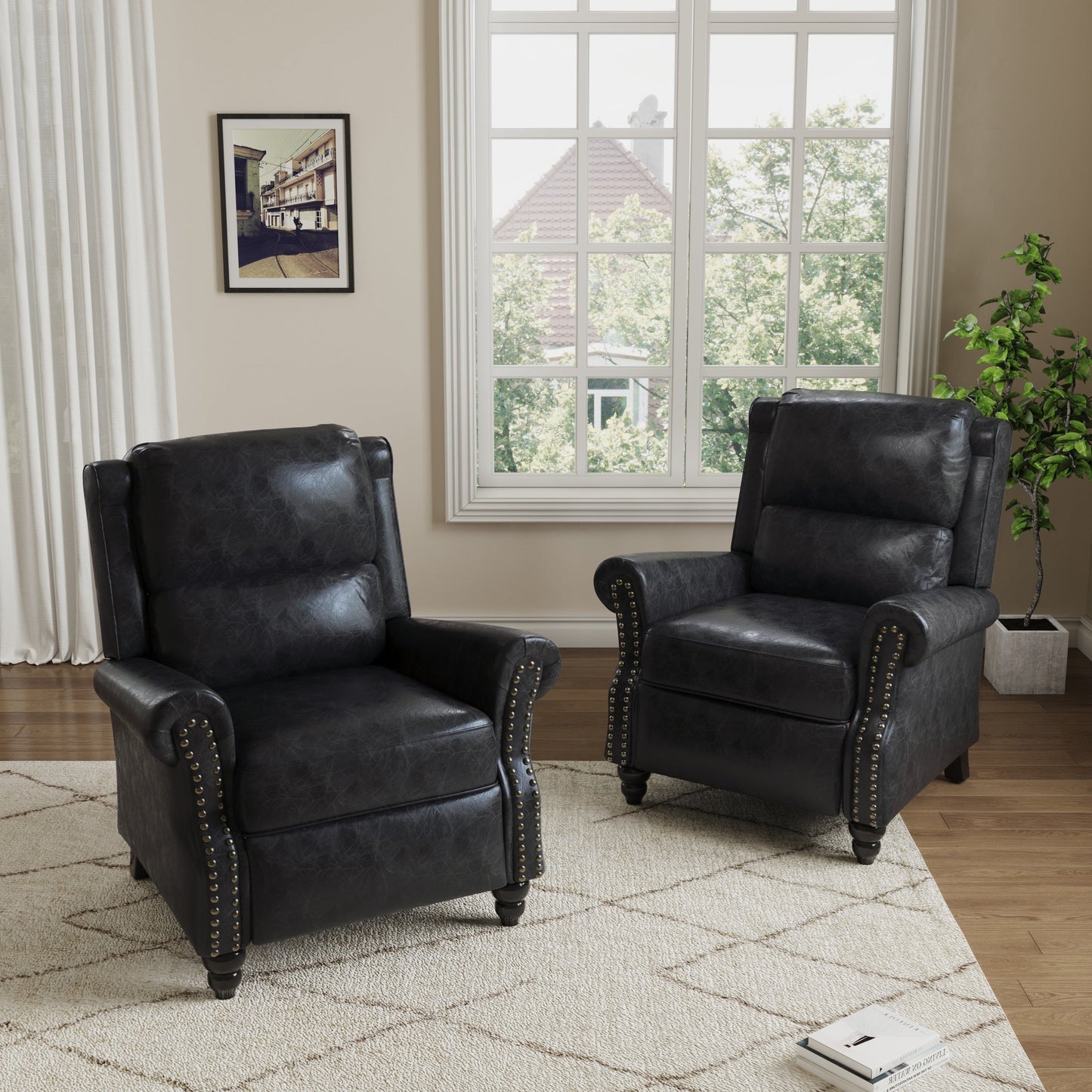 Set da 2 poltrone reclinabili manuali con schienale e finiture a borchie