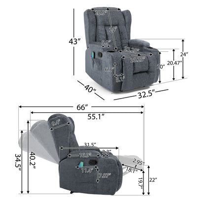Poltrona reclinabile manuale con 5 modalità di massaggio, riscaldamento lombare, doppio portabicchieri, telecomando e tasca portaoggetti laterale