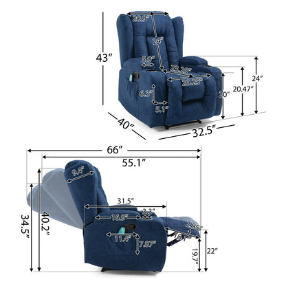Poltrona reclinabile manuale con 5 modalità di massaggio, riscaldamento lombare, doppio portabicchieri, telecomando e tasca portaoggetti laterale