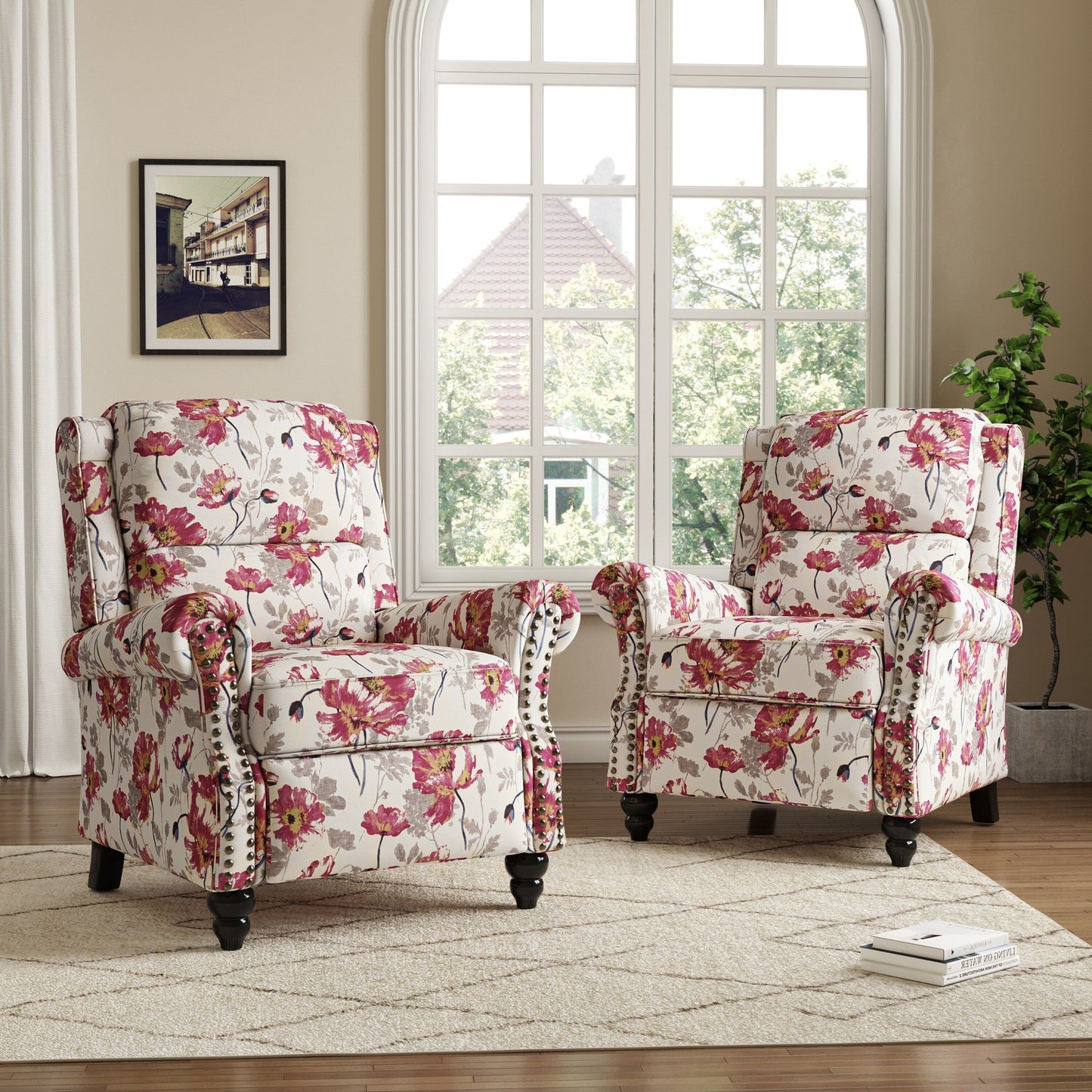 Set da 2 poltrone reclinabili manuali con schienale e finiture a borchie