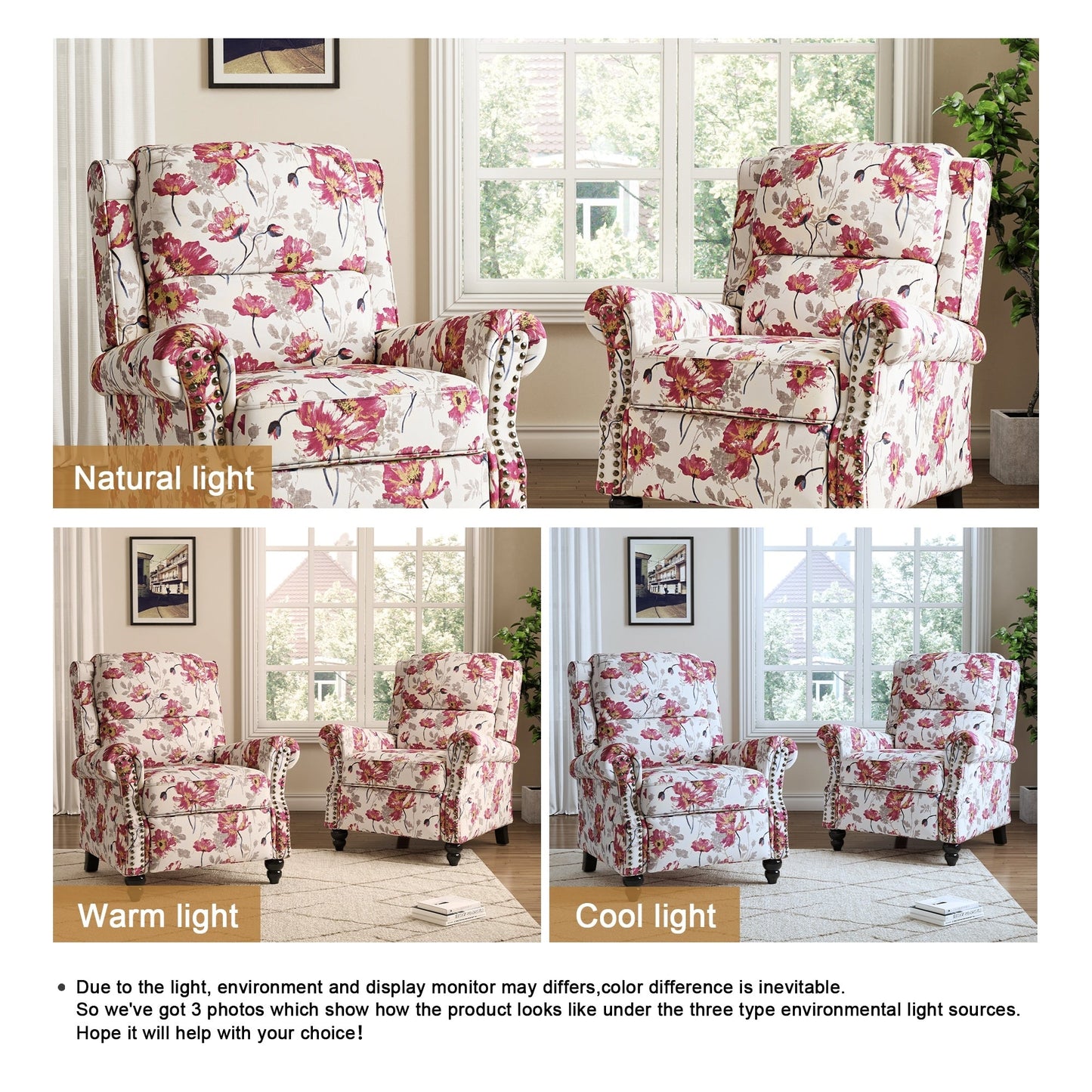 Set da 2 poltrone reclinabili manuali con schienale e finiture a borchie