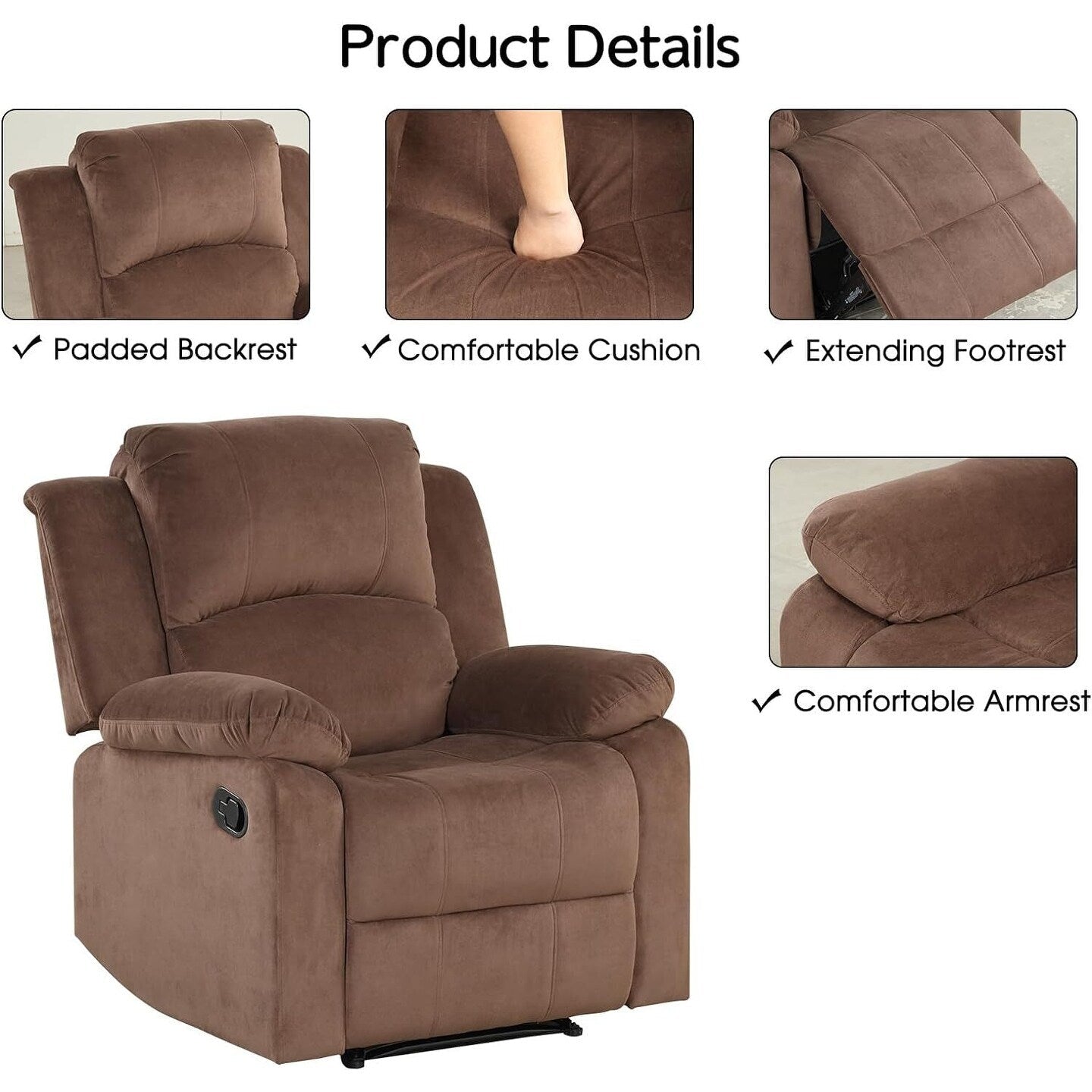 Poltrona reclinabile manuale, poltrona reclinabile singola imbottita in tessuto morbido per soggiorno, camera da letto