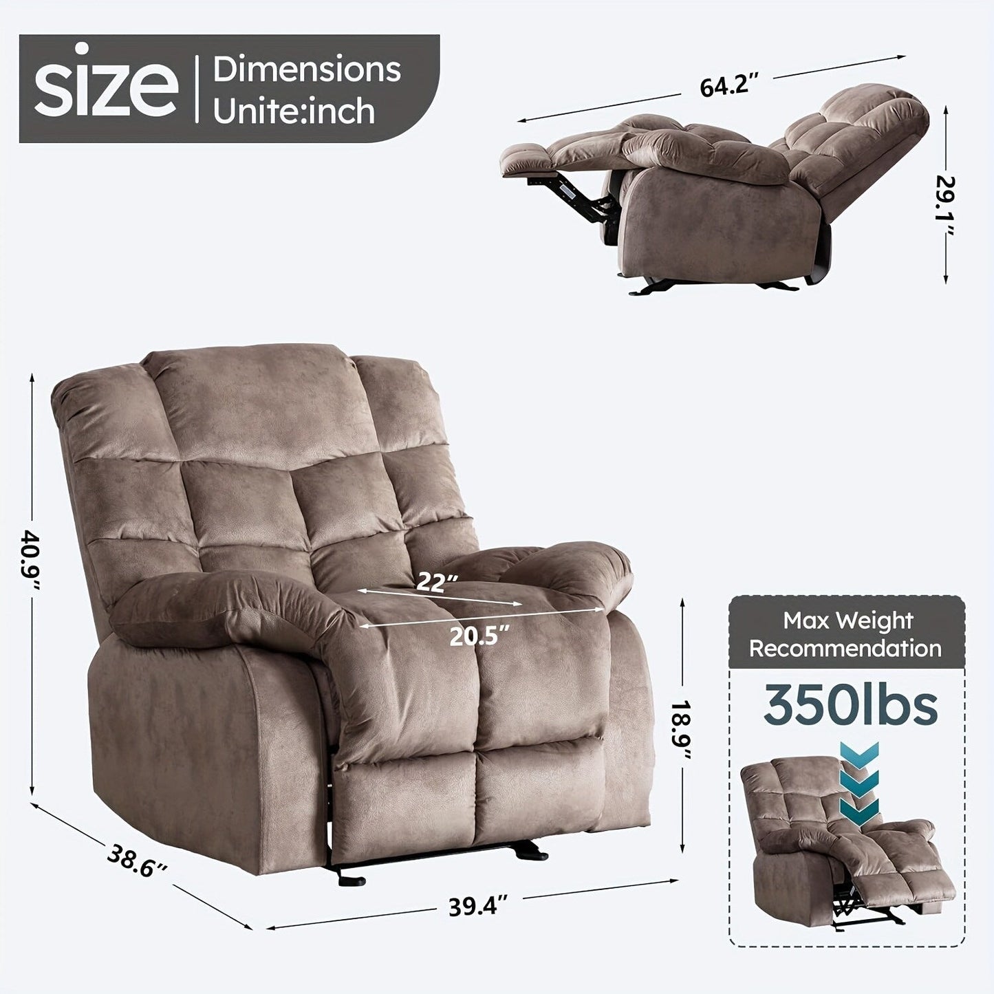 Divano reclinabile manuale imbottito in tessuto traspirante per soggiorno