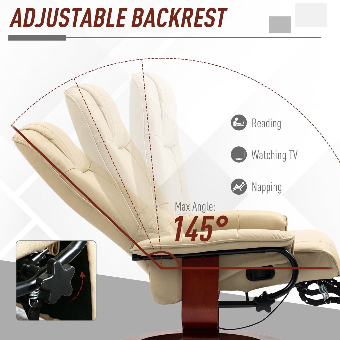 Poltrona reclinabile manuale con base girevole in legno e bracciolo imbottito