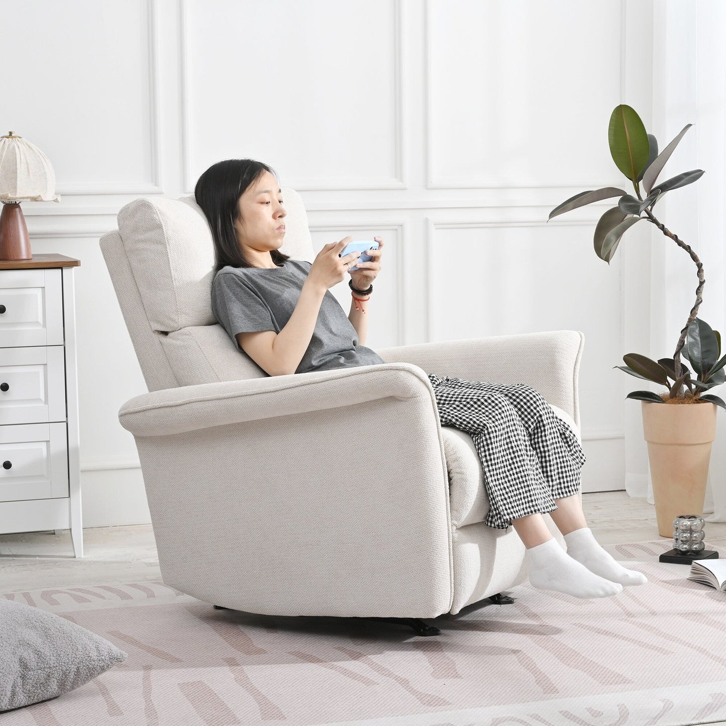 Poltrona reclinabile a dondolo manuale, poltrona reclinabile a dondolo manuale, poltrona per bambini in tessuto, poltrona reclinabile singola, braccioli larghi