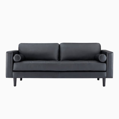 Divano moderno in vera pelle con gambe in legno e cuscino di supporto aggiuntivo