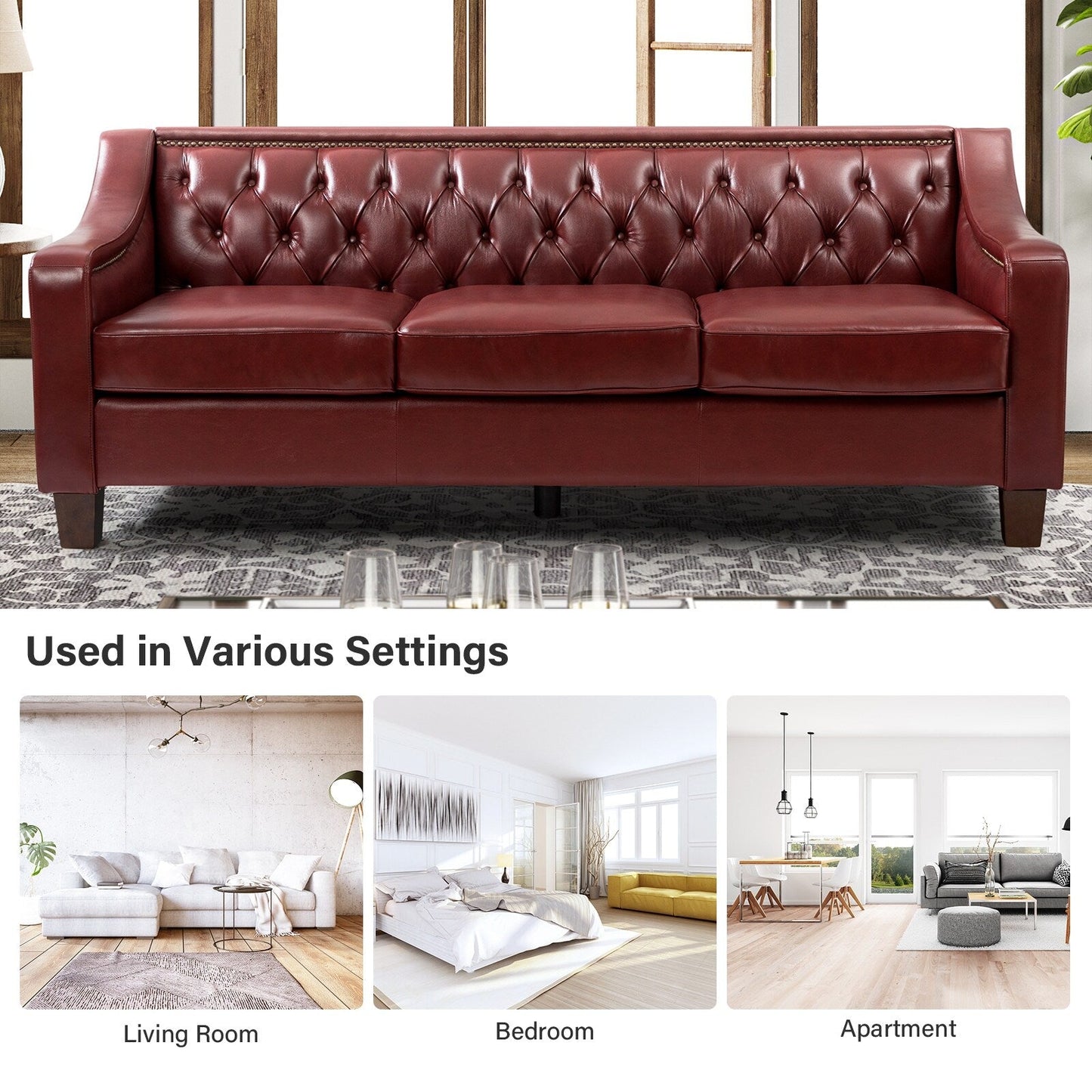 Divano di transizione Mateo 82.28 in vera pelle con finiture a borchie e schienale con bottoni