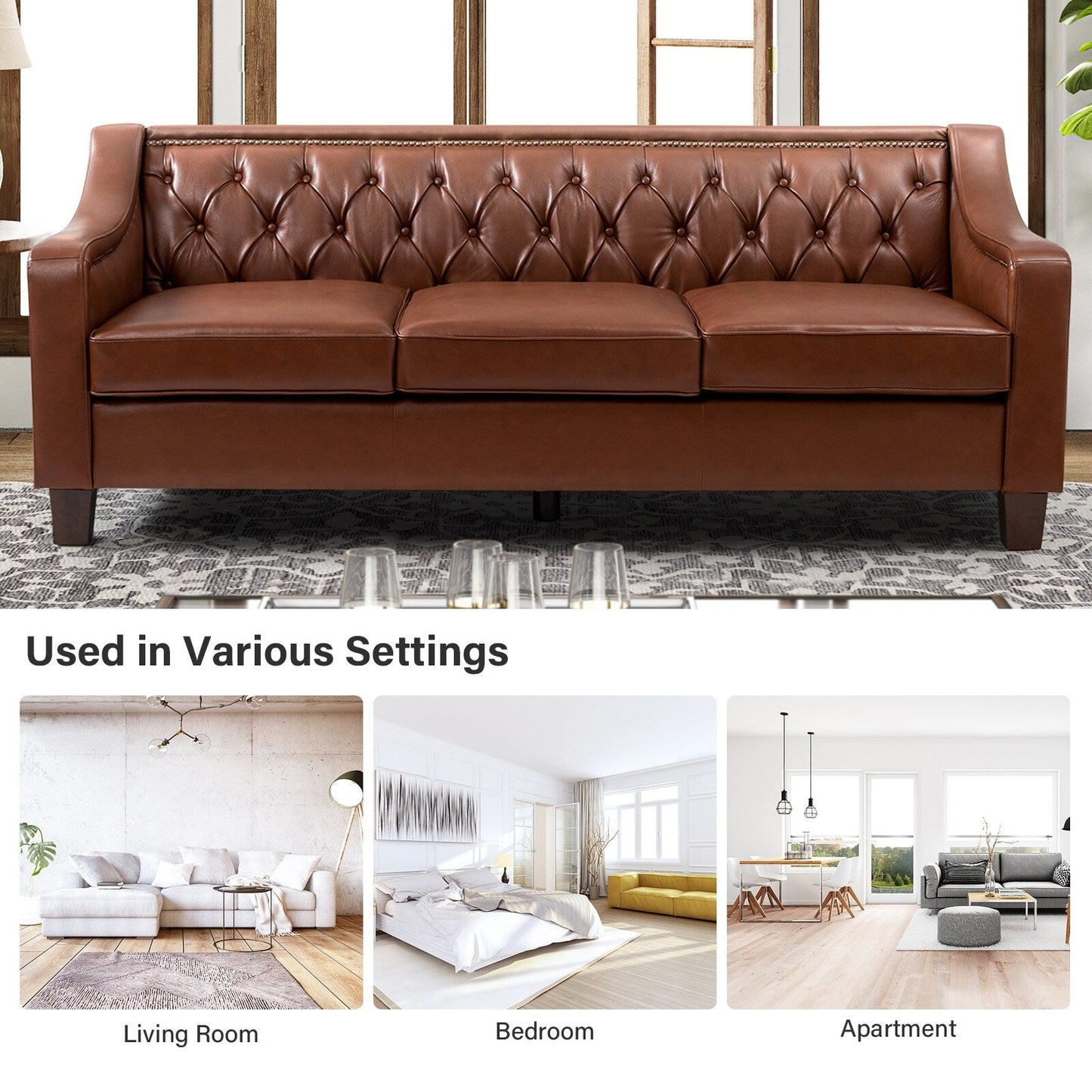 Divano di transizione Mateo 82.28 in vera pelle con finiture a borchie e schienale con bottoni