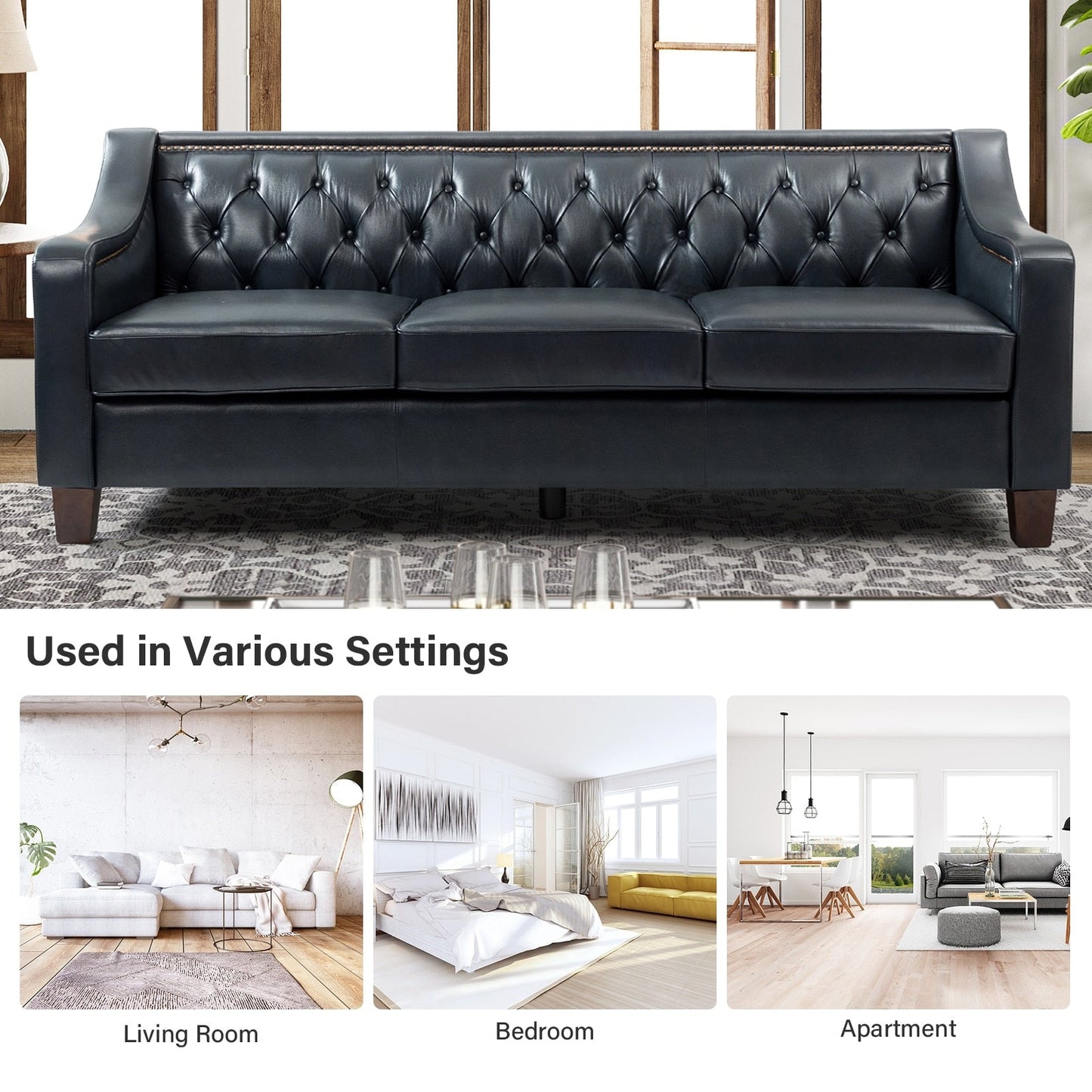 Divano di transizione Mateo 82.28 in vera pelle con finiture a borchie e schienale con bottoni