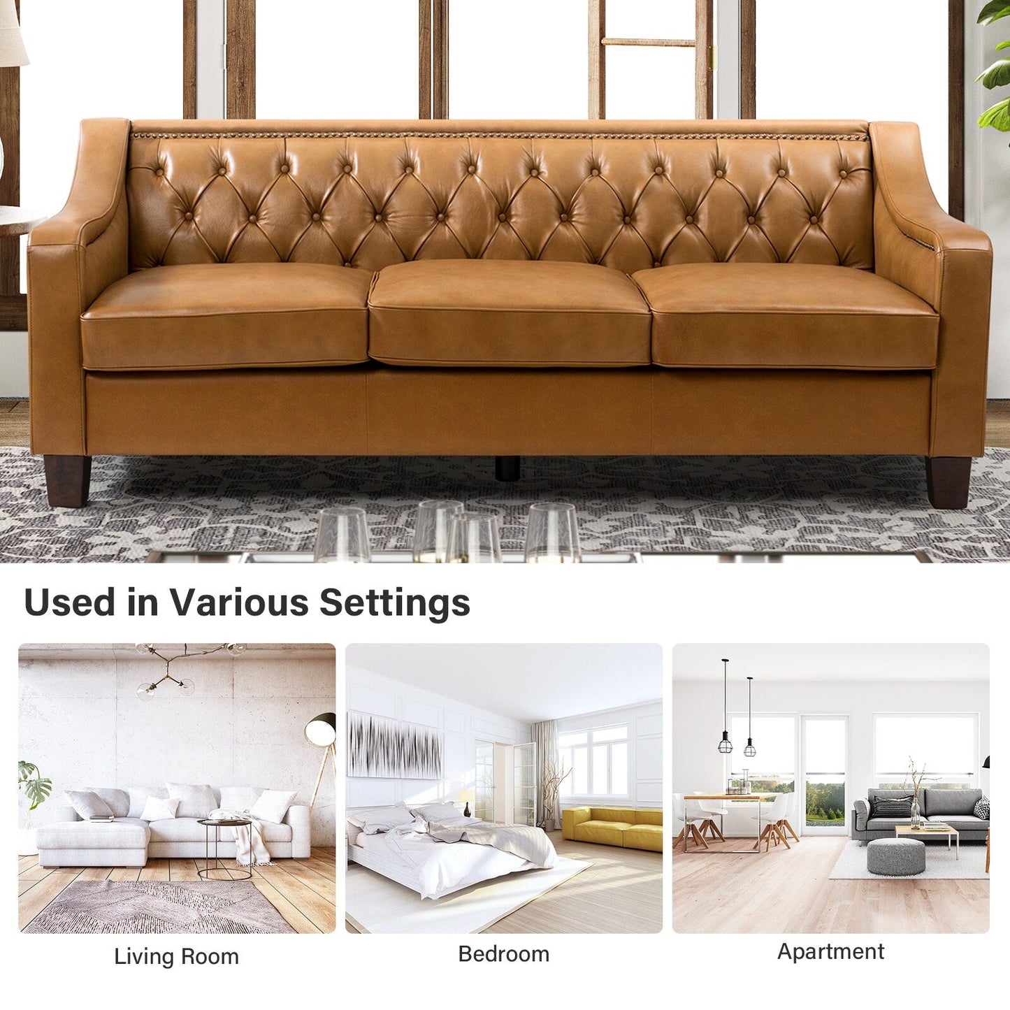 Divano di transizione Mateo 82.28 in vera pelle con finiture a borchie e schienale con bottoni