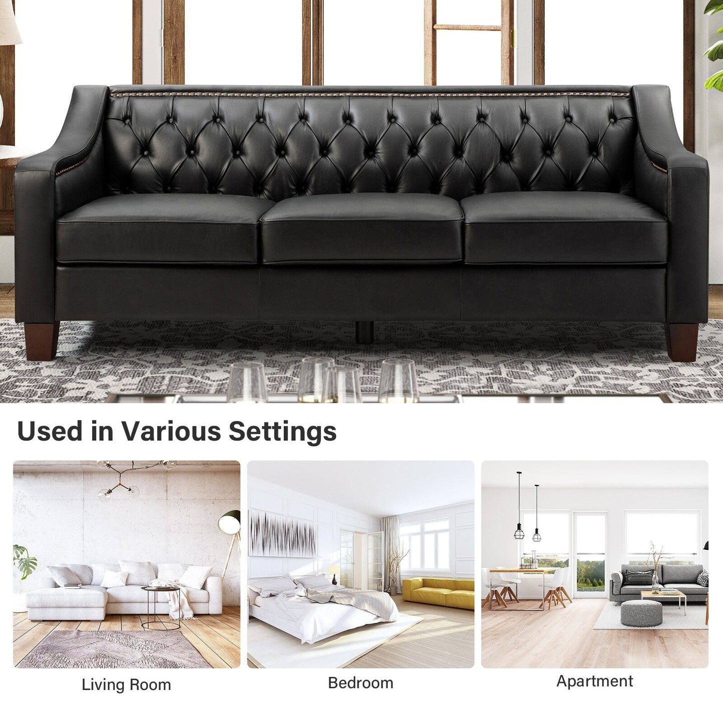 Divano di transizione Mateo 82.28 in vera pelle con finiture a borchie e schienale con bottoni