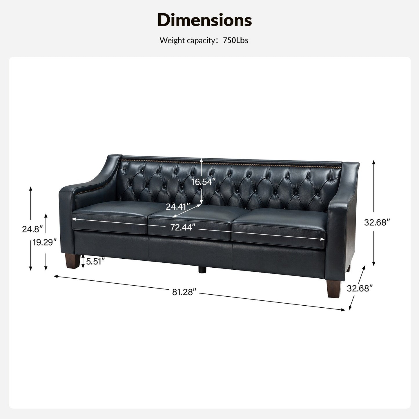 Divano di transizione Mateo 82.28 in vera pelle con finiture a borchie e schienale con bottoni