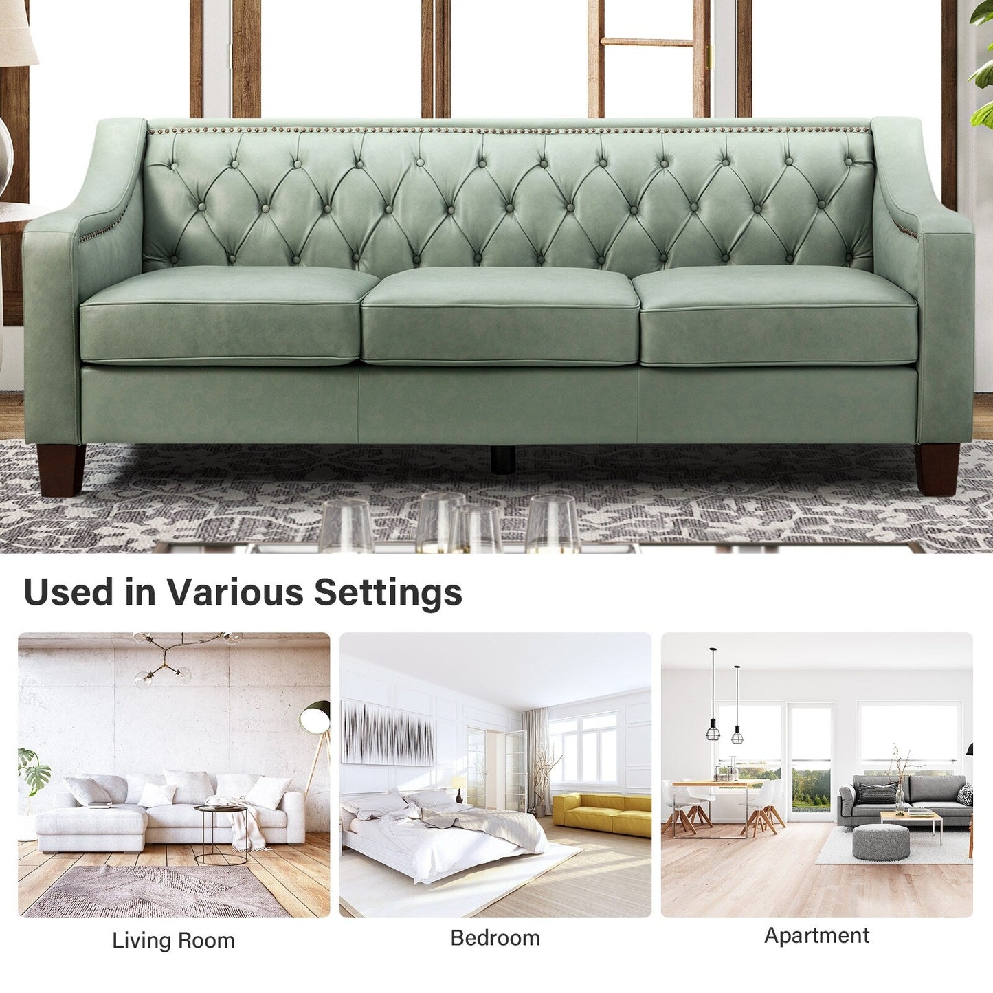 Divano di transizione Mateo 82.28 in vera pelle con finiture a borchie e schienale con bottoni