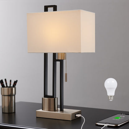 Lampada da tavolo in nichel spazzolato/nero opaco con porta USB e paralume in lino bianco, lampadina LED da 9,5 W inclusa - 21 H
