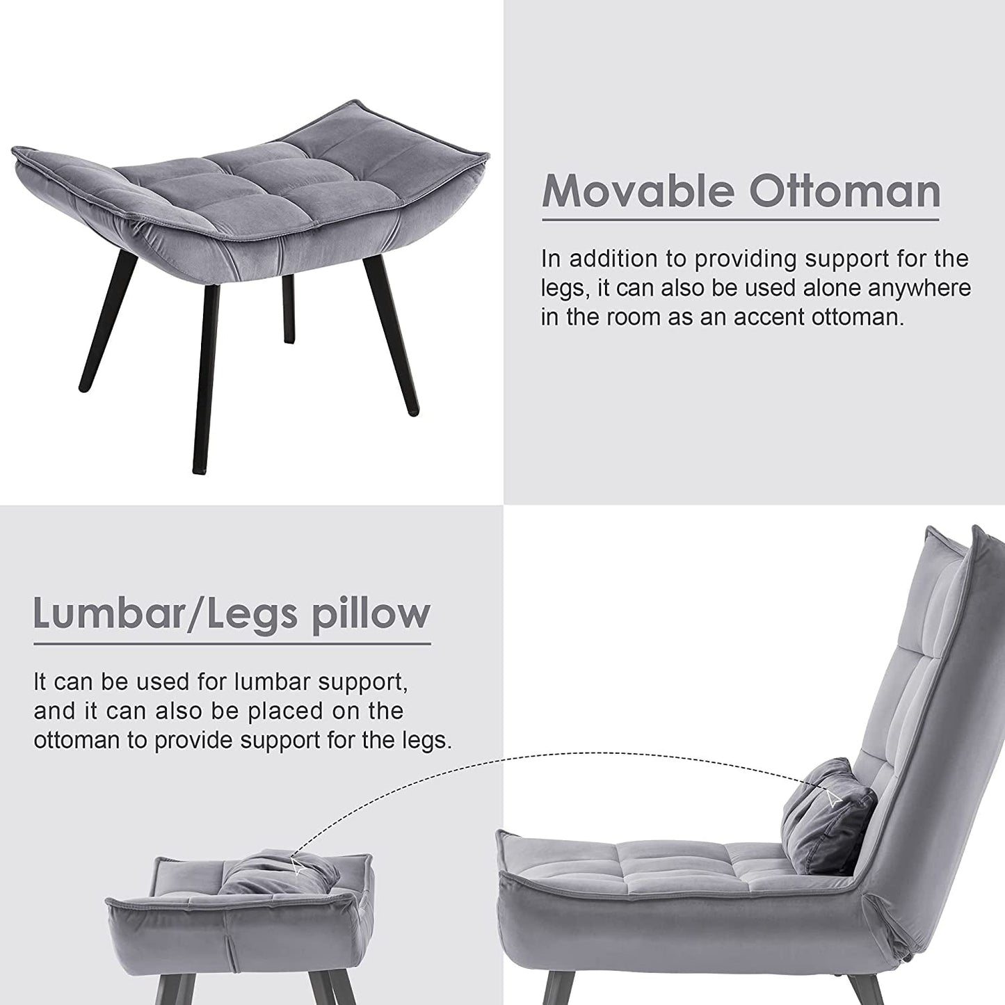 Poltrona Mcombo con poggiapiedi, poltrona con schienale alto imbottito in velluto, sedie imbottite con gambe in metallo per camera da letto e soggiorno 4079