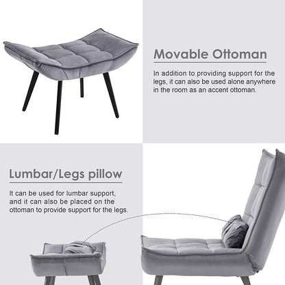 Poltrona Mcombo con poggiapiedi, poltrona con schienale alto imbottito in velluto, sedie imbottite con gambe in metallo per camera da letto e soggiorno 4079