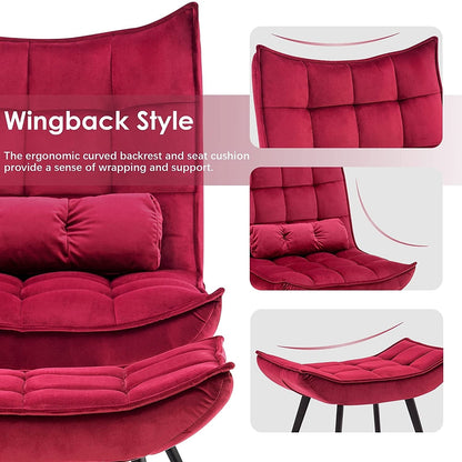 Poltrona Mcombo con poggiapiedi, poltrona con schienale alto imbottito in velluto, sedie imbottite con gambe in metallo per camera da letto e soggiorno 4079