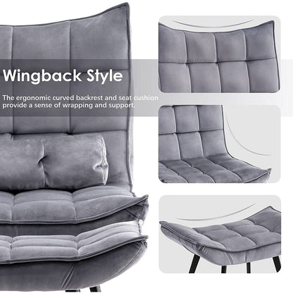 Poltrona Mcombo con poggiapiedi, poltrona con schienale alto imbottito in velluto, sedie imbottite con gambe in metallo per camera da letto e soggiorno 4079