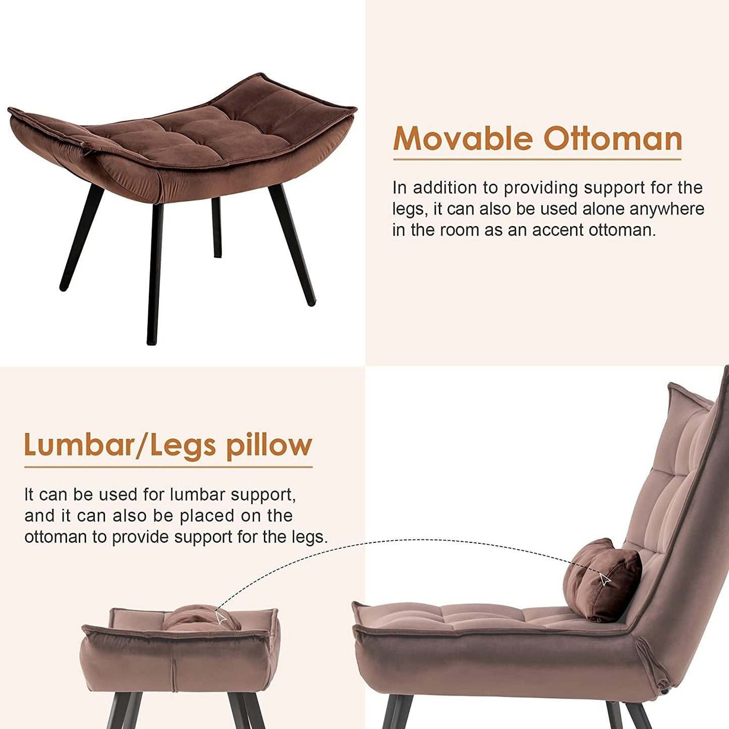 Poltrona Mcombo con poggiapiedi, poltrona con schienale alto imbottito in velluto, sedie imbottite con gambe in metallo per camera da letto e soggiorno 4079