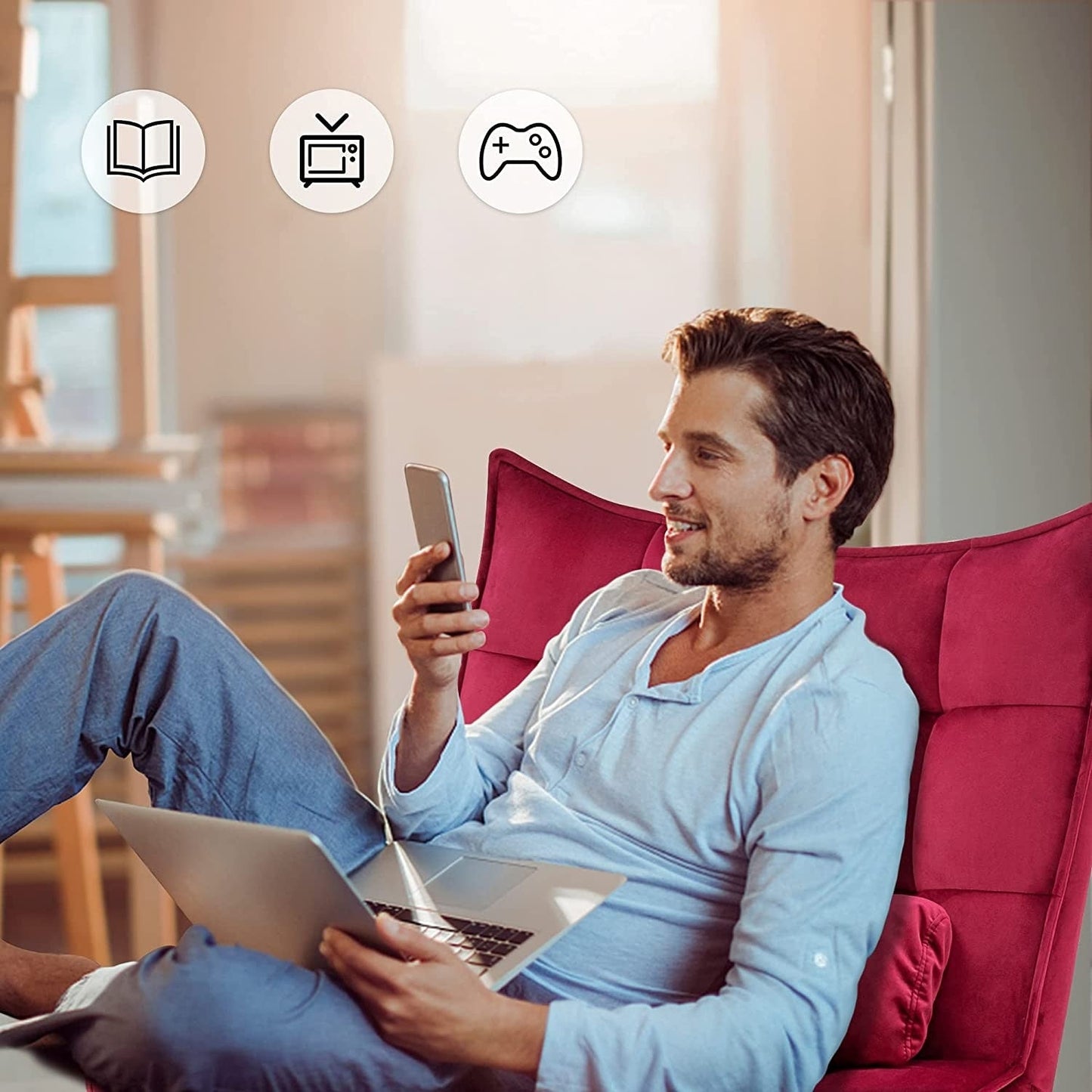 Poltrona Mcombo con poggiapiedi, poltrona con schienale alto imbottito in velluto, sedie imbottite con gambe in metallo per camera da letto e soggiorno 4079