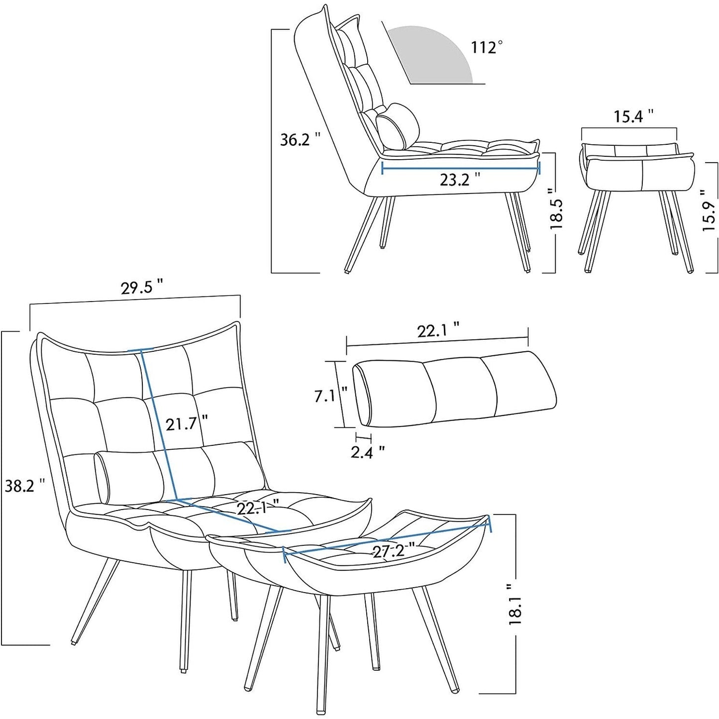 Poltrona Mcombo con poggiapiedi, poltrona con schienale alto imbottito in velluto, sedie imbottite con gambe in metallo per camera da letto e soggiorno 4079