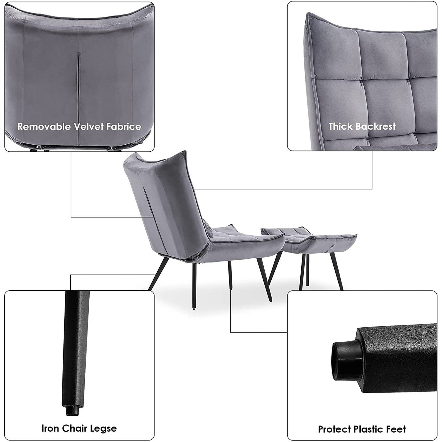 Poltrona Mcombo con poggiapiedi, poltrona con schienale alto imbottito in velluto, sedie imbottite con gambe in metallo per camera da letto e soggiorno 4079