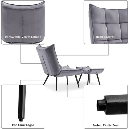 Poltrona Mcombo con poggiapiedi, poltrona con schienale alto imbottito in velluto, sedie imbottite con gambe in metallo per camera da letto e soggiorno 4079