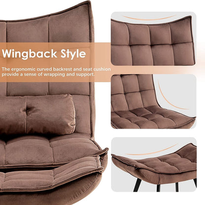 Poltrona Mcombo con poggiapiedi, poltrona con schienale alto imbottito in velluto, sedie imbottite con gambe in metallo per camera da letto e soggiorno 4079