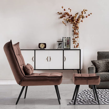 Poltrona Mcombo con poggiapiedi, poltrona con schienale alto imbottito in velluto, sedie imbottite con gambe in metallo per camera da letto e soggiorno 4079