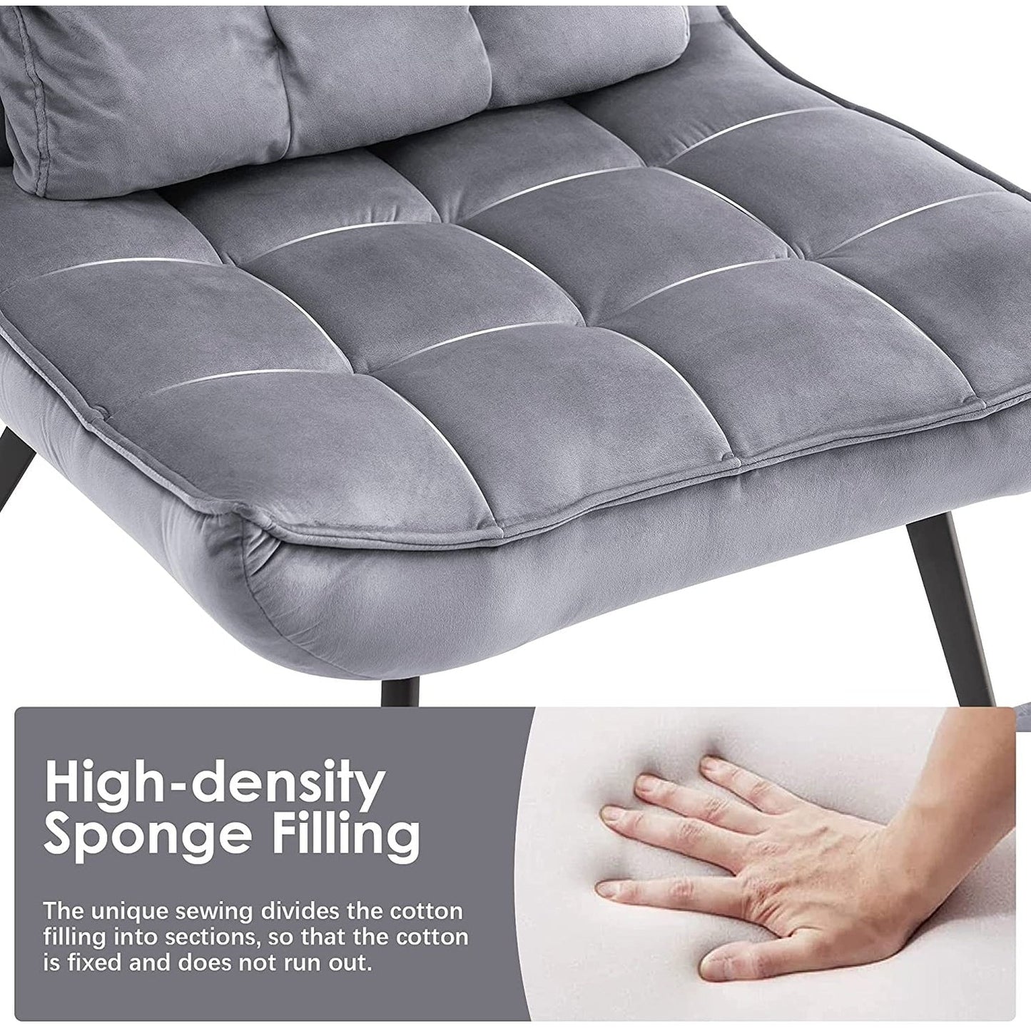 Poltrona Mcombo con poggiapiedi, poltrona con schienale alto imbottito in velluto, sedie imbottite con gambe in metallo per camera da letto e soggiorno 4079