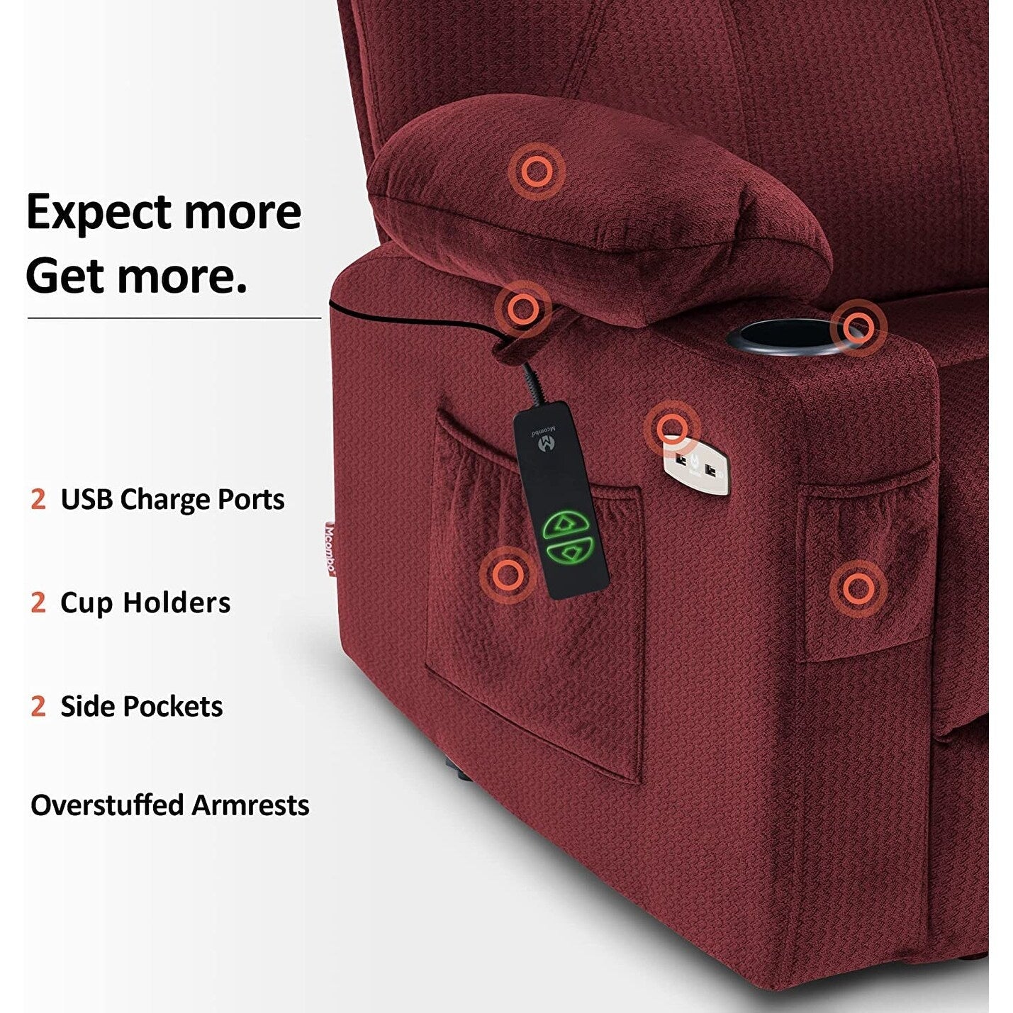 Poltrona reclinabile elettrica MCombo con massaggio e calore, 3 posizioni, porte USB, tessuto 7040