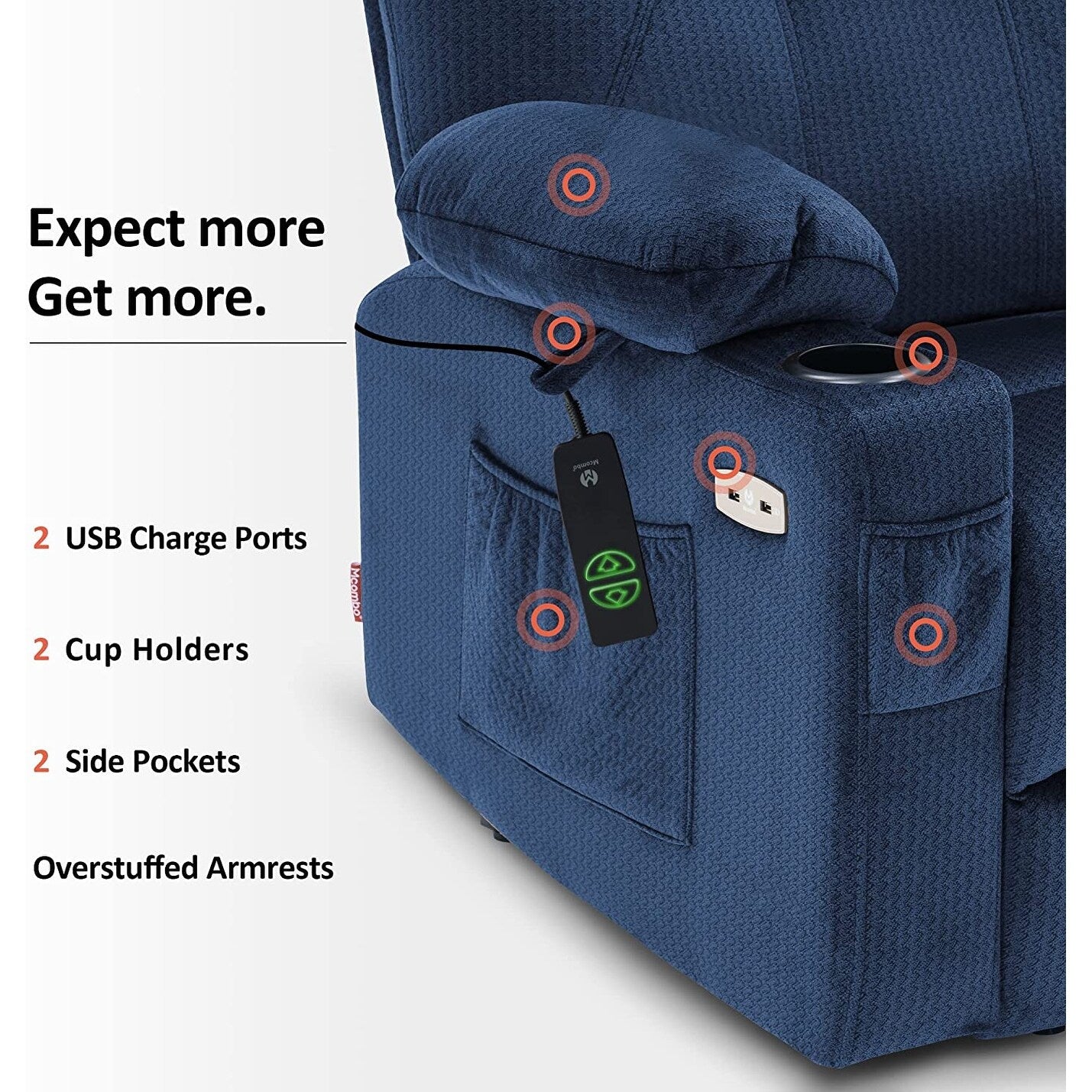 Poltrona reclinabile elettrica MCombo con massaggio e calore, 3 posizioni, porte USB, tessuto 7040