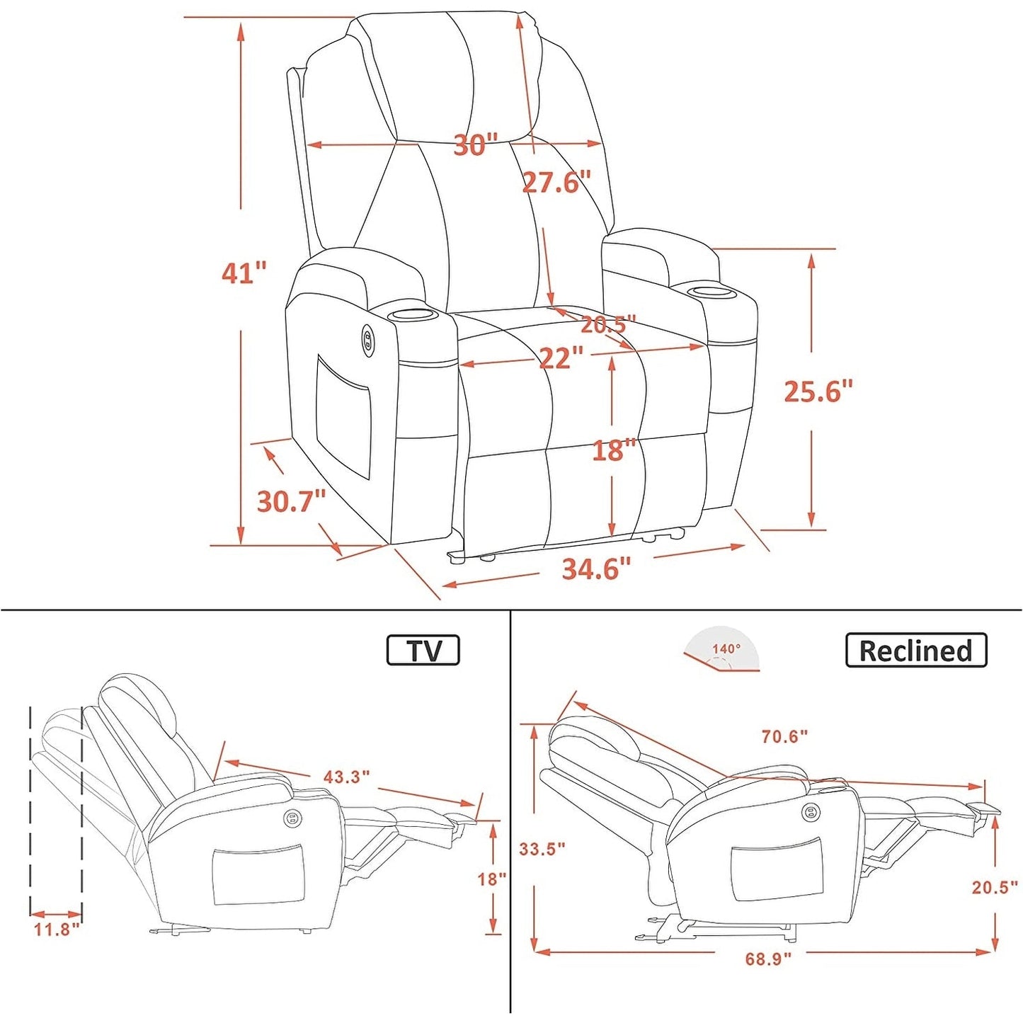 Poltrona reclinabile elettrica Mcombo con massaggio e calore, similpelle 7050