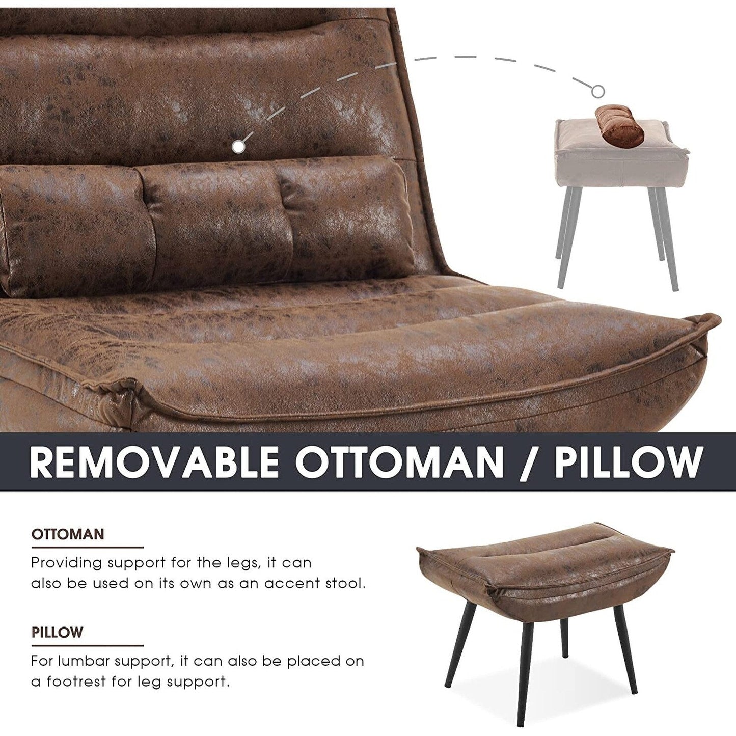 Sedia moderna MCombo con pouf, sedie da svago imbottite in tessuto bronzato