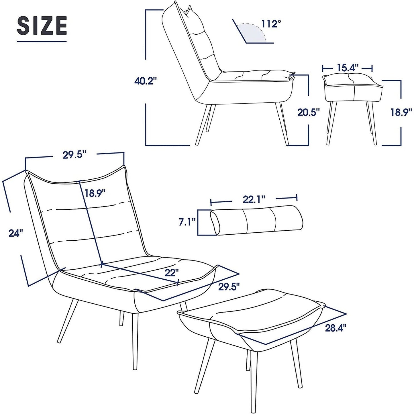 Sedia moderna MCombo con pouf, sedie da svago imbottite in tessuto bronzato
