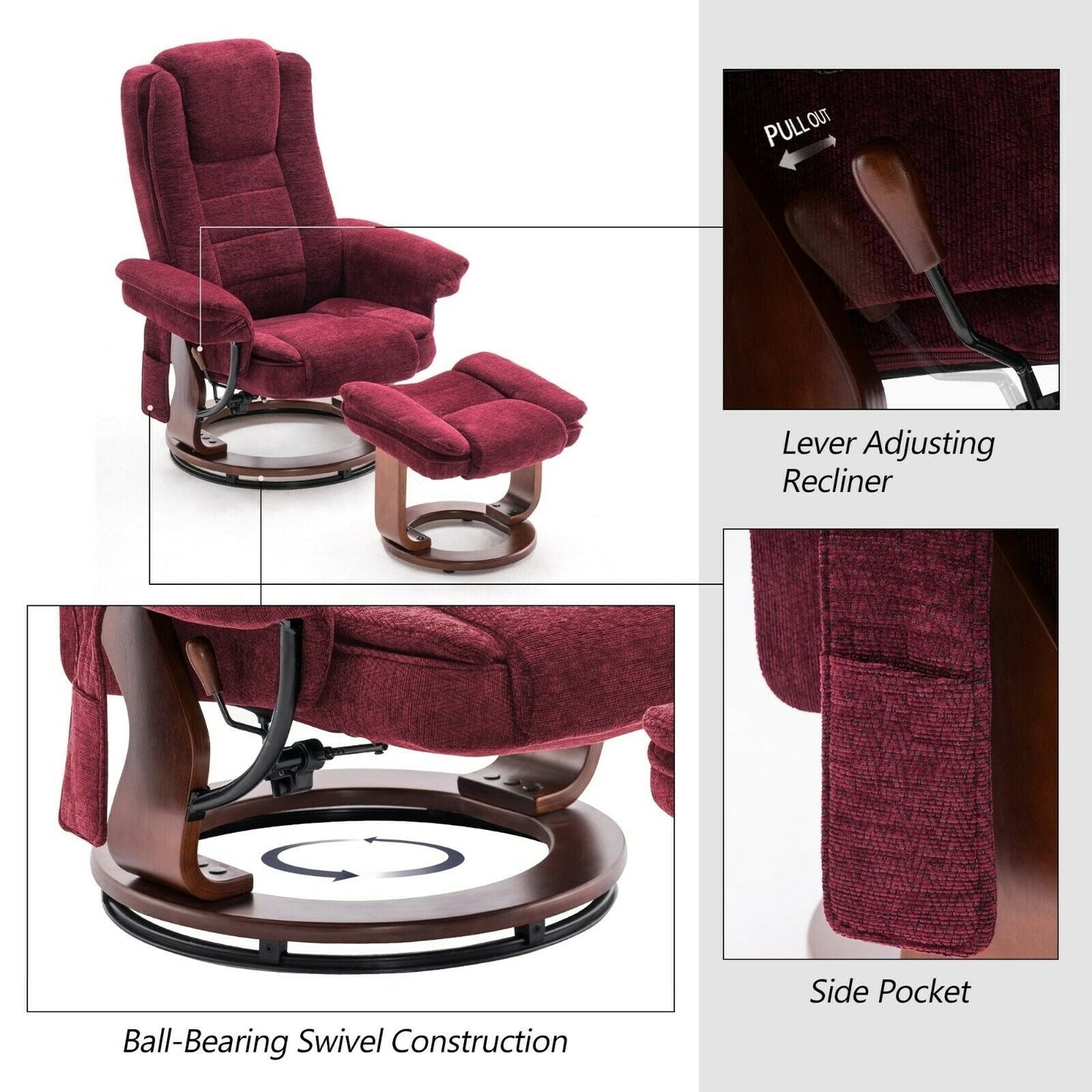 Poltrona reclinabile Mcombo con poggiapiedi, poltrona in tessuto con massaggio vibrante, poltrona girevole con base in legno, per la stanza 9099