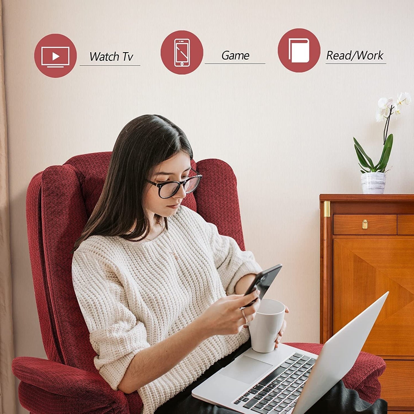 Poltrona reclinabile Mcombo con poggiapiedi, poltrona girevole massaggiante in tessuto