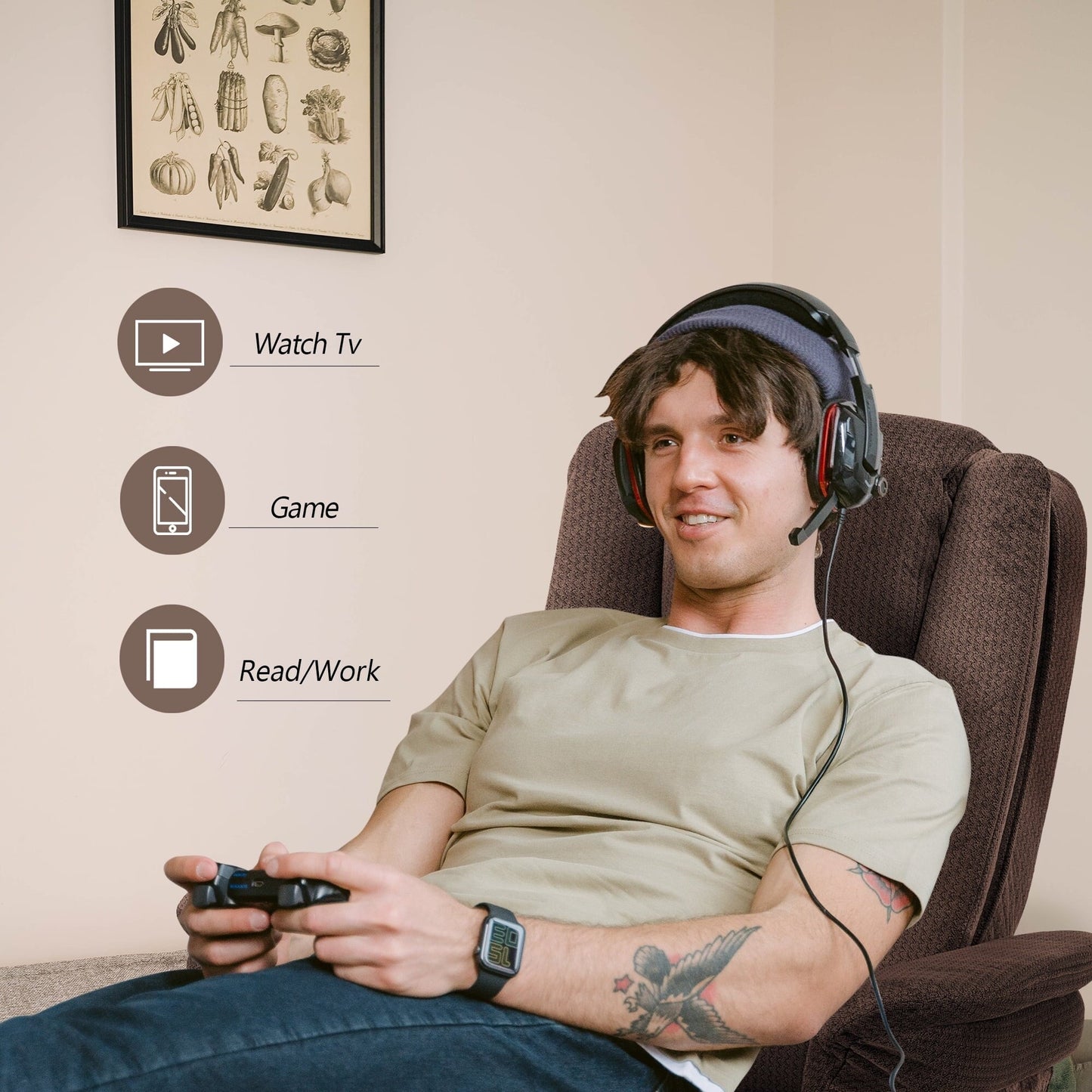 Poltrona reclinabile Mcombo con poggiapiedi, poltrona girevole massaggiante in tessuto