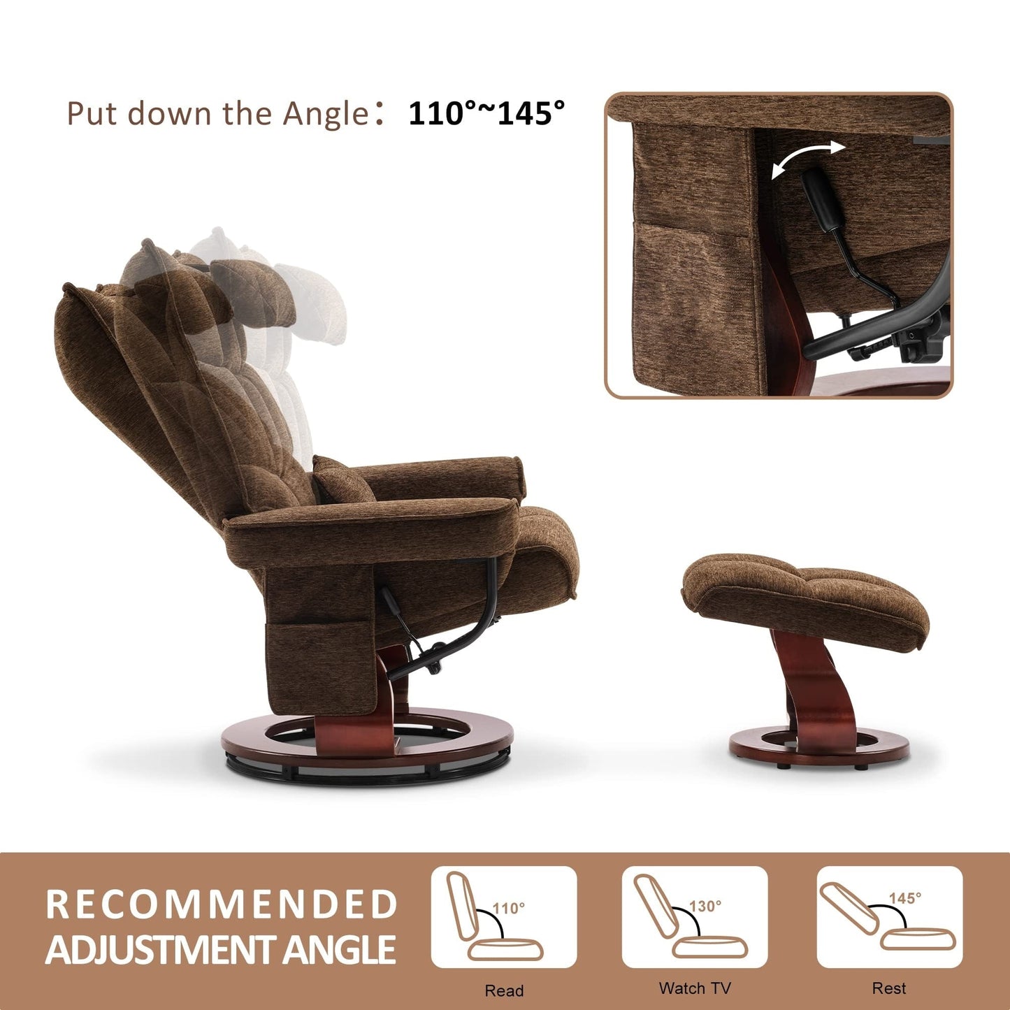 Poltrona reclinabile girevole MCombo con pouf e cuscino per il collo, tessuto in ciniglia