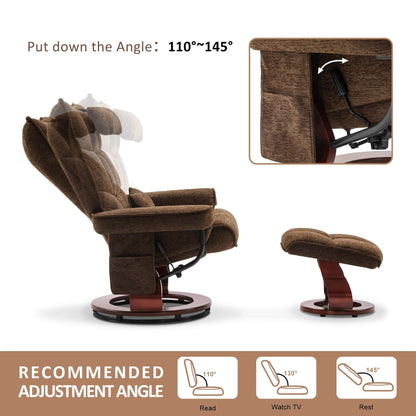 Poltrona reclinabile girevole MCombo con pouf e cuscino per il collo, tessuto in ciniglia