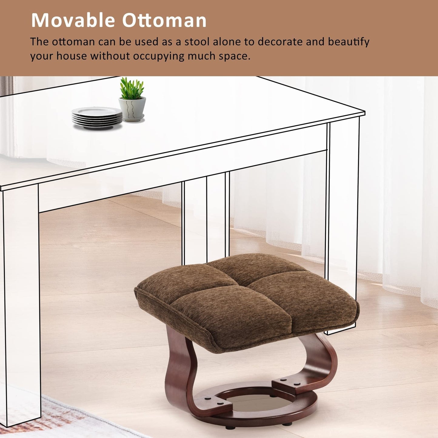 Poltrona reclinabile girevole MCombo con pouf e cuscino per il collo, tessuto in ciniglia